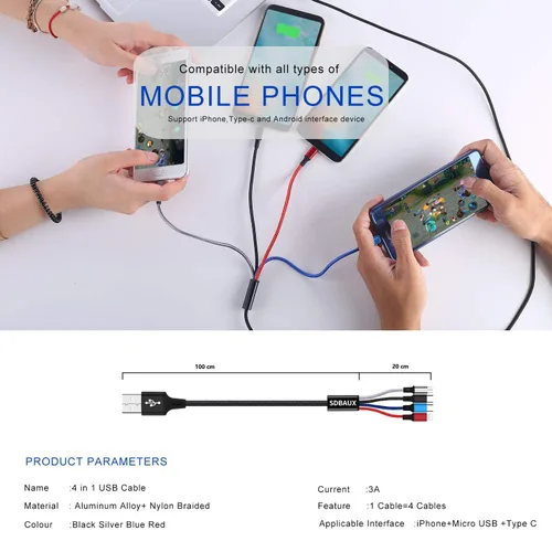 Miniatura 7 de Cable de carga múltiple 3A, USB A a 4 en 1 de nailon trenzado, Lightning / Dual Tipo-C/Micro Puerto Cable de carga rápida para iPhone 17, 16, 15