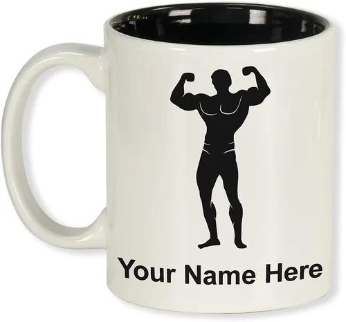 Miniatura 12 de LaserGram Taza de café redonda de cerámica de 11 oz, culturista, grabado personalizado incluido (negro)