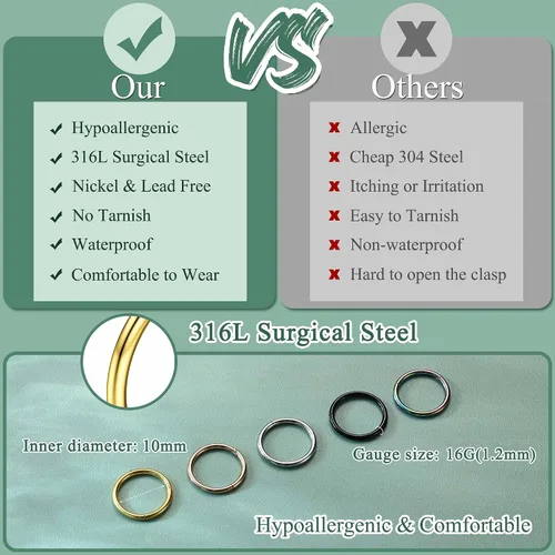 Miniatura 3 de Jstyle 5 anillos de acero quirúrgico 316L para la nariz, 16G, 18G, 20G, con bisagras, para la nariz, para mujeres y hombres, cartílago, arete