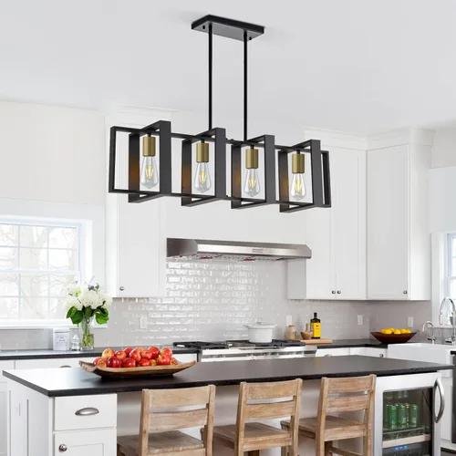 Miniatura 15 de Lámpara colgante estilo granja, luces colgantes negras para isla de cocina, luz colgante de metal industrial y madera vintage, lámpara de techo