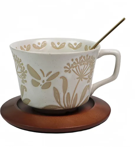 Miniatura 8 de Taza de café de cerámica vintage Taza de té de café de cerámica gruesa con platillo y cuchara de madera, taza de té y platillo de 12 onzas