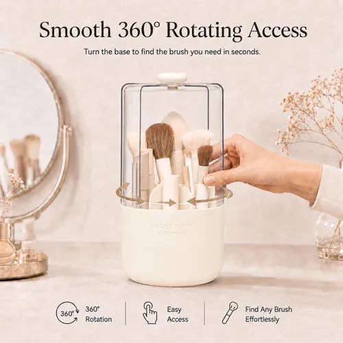 Miniatura 4 de EACHY Soporte para brochas de maquillaje giratorio de 360° con tapa a prueba de polvo, material impermeable, 7 compartimentos para almacenamiento