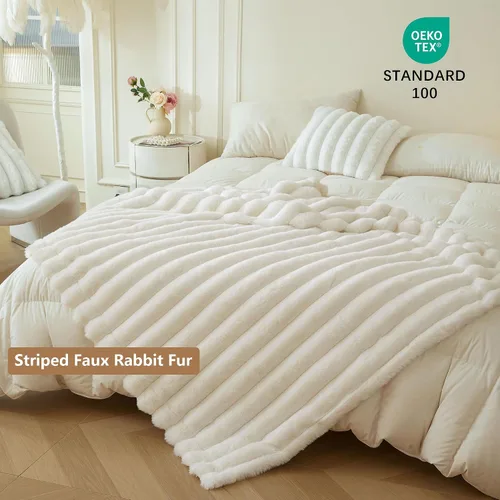 Miniatura 2 de MEGO Manta mullida de piel sintética de conejo, manta mullida de lujo con rayas acanaladas para cama, sofá, silla, manta peluda color marfil