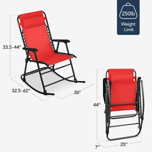 Miniatura 3 de Best Choice Products Silla mecedora plegable para exteriores, Silla de gravedad cero, Silla balancín para patio con reposacabezas, color rojo carmesí