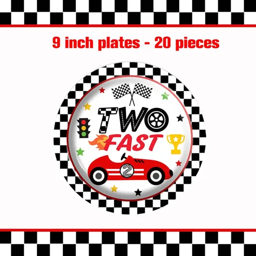 Miniatura 2 de 117 piezas de decoración de fiesta de 2º cumpleaños de coche de carreras, dos platos de fiesta de bandera a cuadros rápidos, servilletas, tenedores