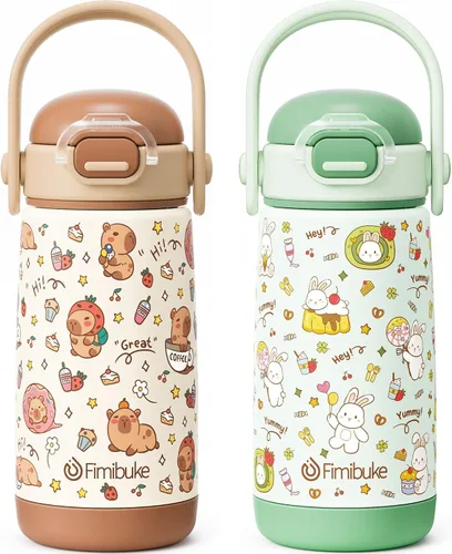 Miniatura 12 de Fimibuke Botella de agua aislada para niños con tapa con pajita y asa - 14 onzas, sin BPA, acero inoxidable 18/8, recipiente de metal, a prueba