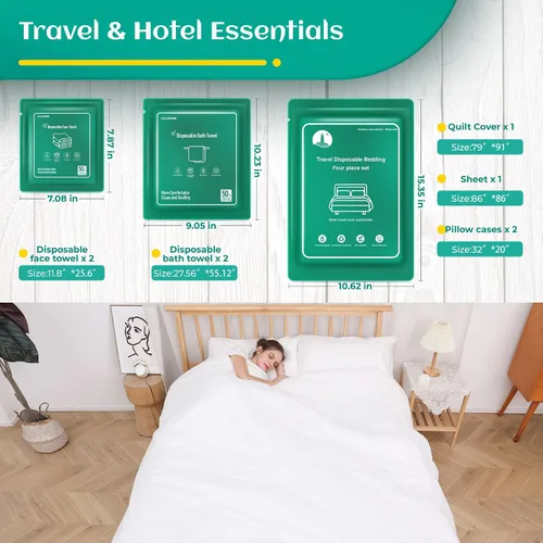 Miniatura 5 de Sábanas desechables para hotel, artículos esenciales de viaje con 2 toallas de baño desechables, 2 toallas faciales desechables y 4 piezas