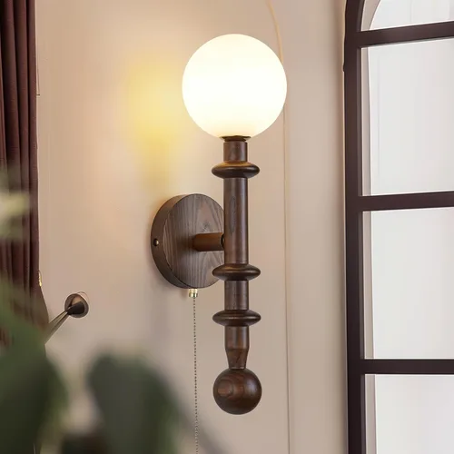 Aplique de pared de madera, aplique de pared de globo industrial, modernas lámparas de pared para tocador de dormitorio con pantalla de globo de