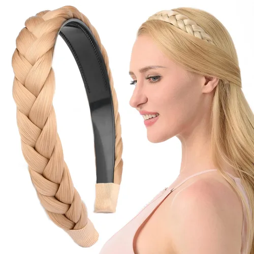 Miniatura 35 de Ancho de 1.5 cm Banda de pelo sintético trenzada estrecha con dientes para mujeres y niñas (Negro)