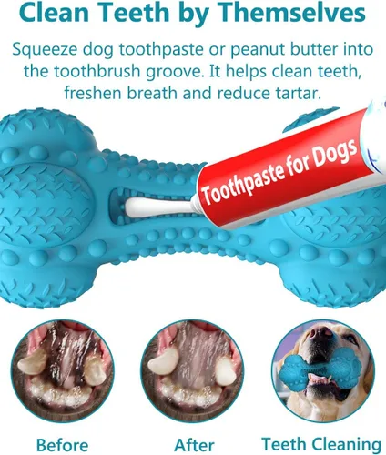 Miniatura 3 de SCHITEC - Juguete masticable para perros con sonido, hueso de goma natural resistente y duradero con cepillo de dientes, indestructible para Azul