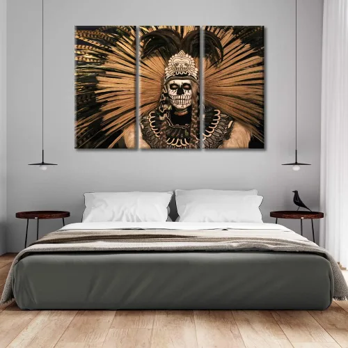 Miniatura 2 de Arte de pared de 3 piezas, pintura en lienzo del Día de los Muertos, Bailarín azteca, impresión sobre lienzo, festival mexicano, obra de arte