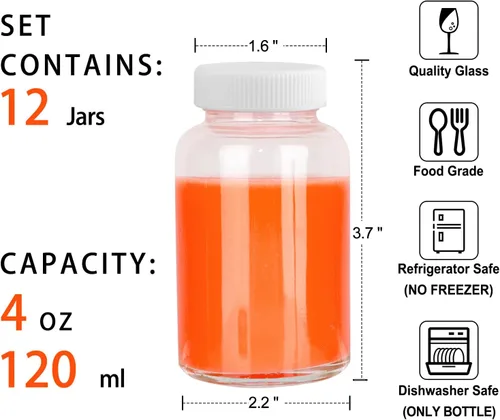 Miniatura 2 de HINGWAH Paquete de 12 botellas de vidrio de 4 onzas con tapas, botellas vacías de 4.1 fl oz de chupito de jugo de bienestar, tarros de vidrio