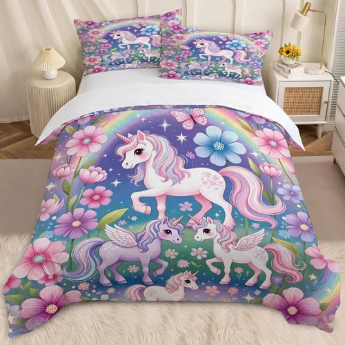 Miniatura 19 de BEDMUST Funda de edredón de unicornio tamaño individual, suave y lindo juego de ropa de cama de unicornio rosa con hojas de flores y pájaros azules