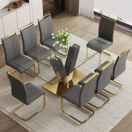 Miniatura 19 de Juego de mesa de comedor de vidrio de 71 pulgadas para 6, juego de mesa de comedor para 6, mesa de cocina moderna y 6 sillas de PU, parte superior 6