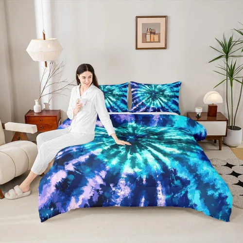 Miniatura 2 de Erosebridal Juego de edredón de teñido anudado psicodélico en espiral, tamaño individual, juego de ropa de cama bohemio con remolinos de acuarela