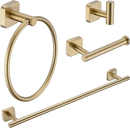 TRUSTMI Juego de 4 toallas de oro cepillado, accesorios de baño con barra de toalla de 23.6 pulgadas, anillo de toalla, soporte para papel