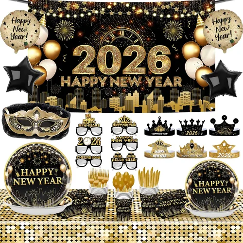 KatchOn, Enormes suministros para fiesta de Año Nuevo 2026 – Paquete de 231 | Cartel de pared, platos, servilletas, mantel, sombreros, cubierta de
