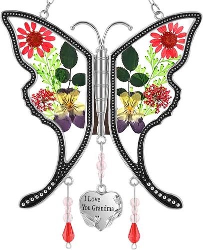 Miniatura 12 de KY&BOSAM Atrapasoles de mariposa con texto en inglés "I Love You Sister" para ventanas con flores secas y prensadas reales, dije de corazón grabado