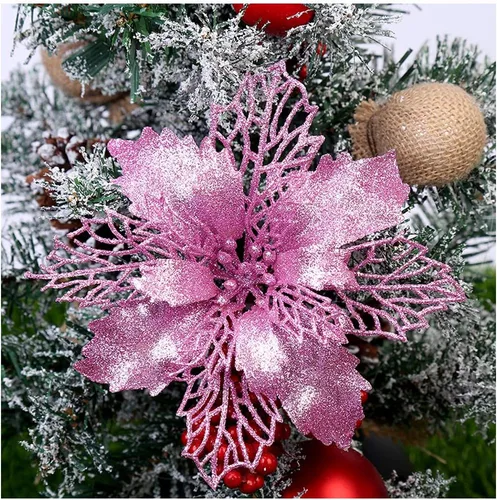 Miniatura 10 de Paquete de 12 flores de Pascua artificiales con purpurina para corona de Navidad, adornos de flores para árbol de Navidad, 6'' (16cm) de diámetro