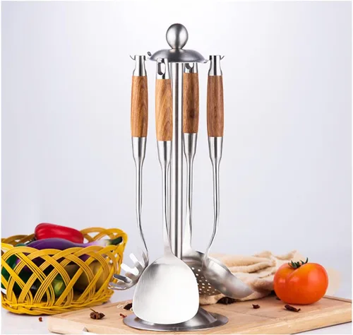 Miniatura 8 de Espátula china profesional para wok, utensilios de wok de acero inoxidable 18/10 de 15.7 pulgadas con mango de madera resistente al calor para freír
