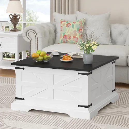Bigbiglife Mesa de centro de granja con almacenamiento, mesa central cuadrada de 31.5 pulgadas para sala de estar, mesa de cóctel de madera rústica