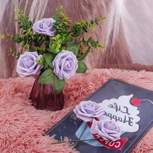 Miniatura 2 de Higfra Flores artificiales, 25 unidades, rosas falsas de espuma de color lila de aspecto real con tallos para ramos de boda, centros de mesa