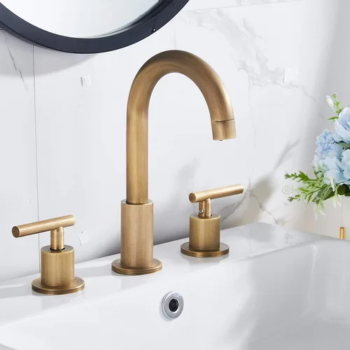 Miniatura 4 de Grifo de baño de 2 manijas 3 agujeros 360 caño giratorio latón antiguo grifo de fregadero de baño con drenaje desplegable Latón envejecido.