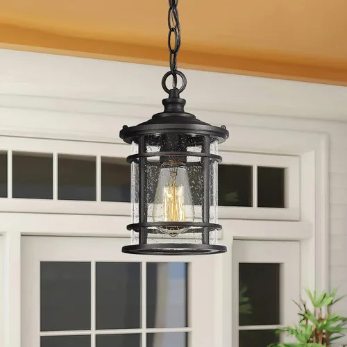 Miniatura 3 de Emliviar Lámpara colgante moderna para exteriores - Luz colgante para porche con pantalla de vidrio semillado en acabado negro, XE229H-S BK