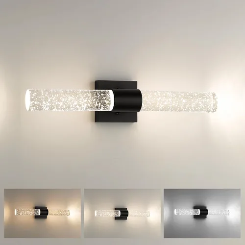 HWH - Lámpara de baño, luces LED de tocador sobre espejo de 11 W con cristal de burbujas de cristal, barra de lámpara de tocador negra, lámpara de