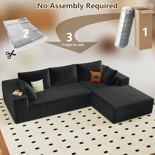 Miniatura 5 de Sofá seccional modular de 96", sofá en forma de L tipo nube sin estructura con chaise lounge, tapizado de pana con asiento profundo de espuma Negro
