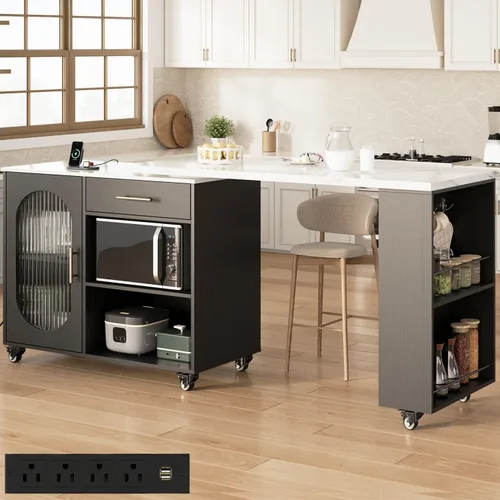 Miniatura 9 de HSH Isla de cocina rodante de 72 pulgadas con asiento, mesa giratoria de 360°, isla de cocina con gabinete de almacenamiento, cajón y estantes