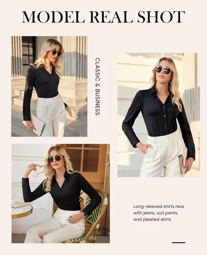 Miniatura 6 de siliteelon Camisas con botones para mujer, ajustadas, de manga larga, elásticas, de vestir, camisas de trabajo, sin arrugas, blusas de oficina