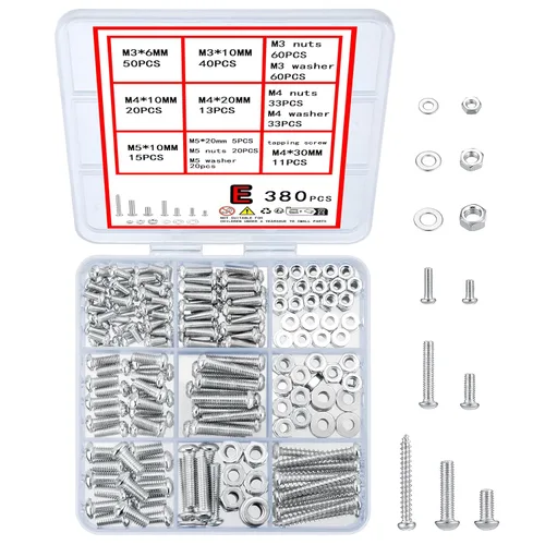 wugongshan - Juego de 380 piezas de tornillos, pernos y tuercas, tornillos y tuercas métricos de máquina y arandelas planas, juegos de pernos