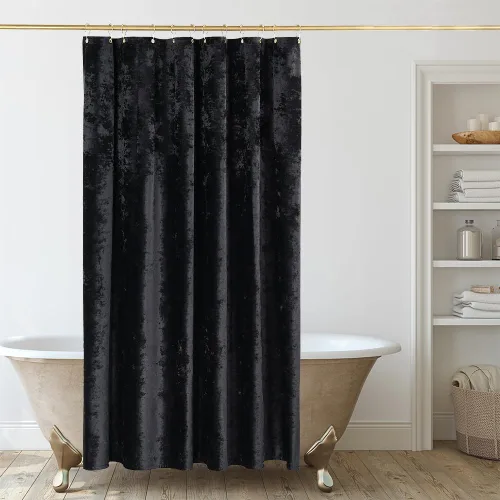 Miniatura 5 de TAMGHO Cortina de ducha negra para baño, lujosa cortina de ducha de terciopelo aplastado negro, juego de cortina de ducha oscura con ganchos