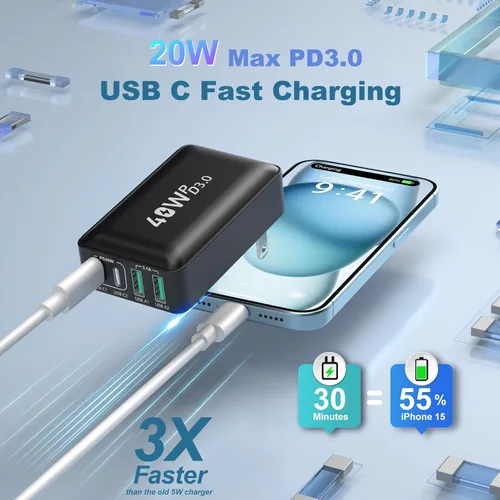 Miniatura 4 de OKRAY - Bloque de carga USB C plano de 40 W, 4 puertos tipo C, enchufe de pared plegable de ladrillo de carga rápida, PD3.0 y QC3.0, adaptador