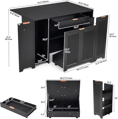 Miniatura 6 de YITAHOME Expandable Kitchen Island with Hidden Trash Cabinet, 55.1" Rolling Kitchen Island with Drop Leaf, Storage Drawer & 3-Tier Side Shelves