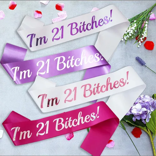 Miniatura 4 de Banda de cumpleaños de 21 cumpleaños, color blanco, banda de papel de aluminio rosa para mujer, divertidas decoraciones de fiesta de cumpleaños