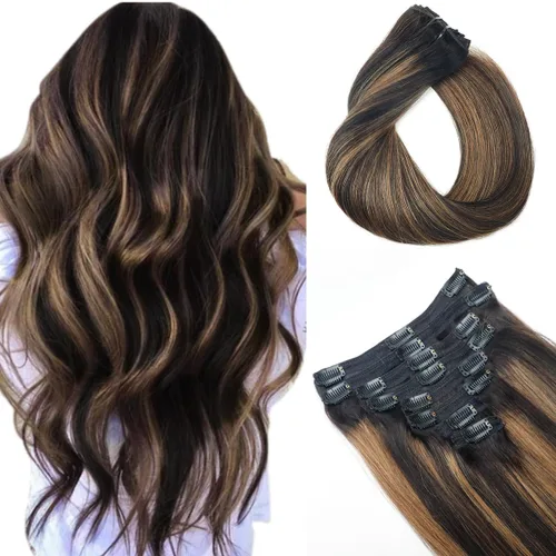 Miniatura 31 de Extensiones de cabello humano real con clip, 8 unidades, cabello humano Remy liso de seda suave natural, 4.23 oz, 20 pulgadas, negro natural #1B, 8