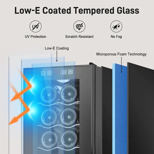 Miniatura 2 de Tylza Refrigerador de vino de 8 botellas, bodega con puerta de vidrio templado de baja emisión, pantalla táctil LED, cerradura, sin escarcha, sin