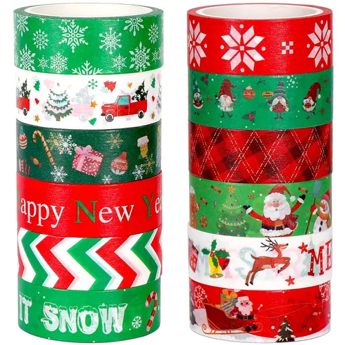 SANNIX 12 Rollos de Cintas Adhesivas Washi de Navidad de 15mm de Ancho Árbol de Navidad, Copitos de Nieve, Papá Noel, Hombre de Jengibre, Cinta de