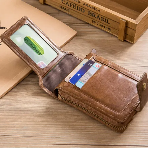 Miniatura 20 de LUKZIJAES Billetera de cuero genuino para hombre, con bloqueo RFID, delgada, plegable, bolsillo frontal, #3-Café, Vintage