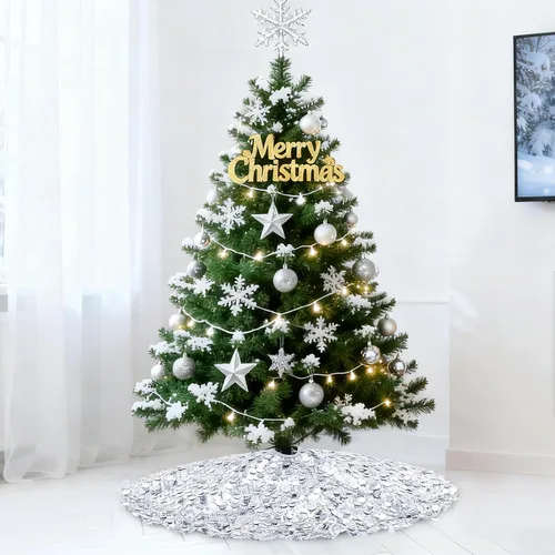 Miniatura 7 de Falda de árbol de Navidad plateada de 36 pulgadas, falda de árbol de Navidad con lentejuelas brillantes, decoraciones de Navidad con purpurina