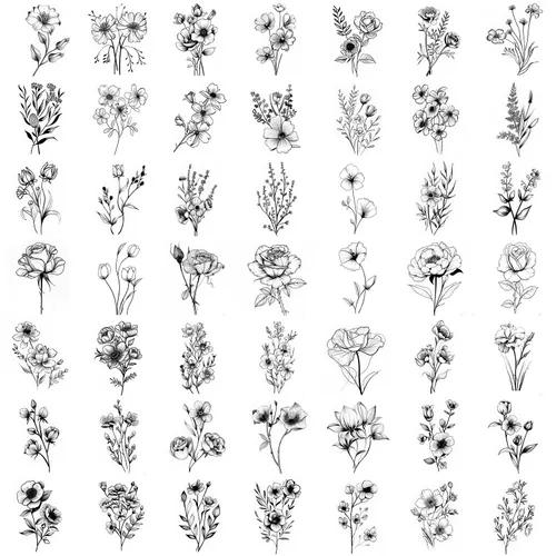 50 hojas de tatuajes temporales de ramas pequeñas de flores negras para mujeres y niñas, ramo de flores pequeñas, tatuaje temporal de plantas