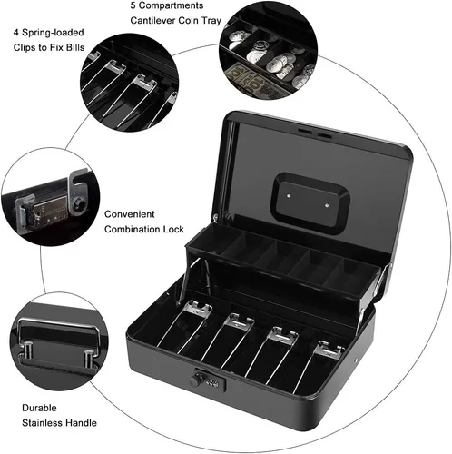 Miniatura 4 de Caja de efectivo con bandeja de dinero y cerradura de combinación, caja de dinero de metal para caja registradora, caja de seguridad escalonada