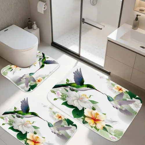 Miniatura 8 de TheBlackSpot Juego de 3 alfombras de baño rústicas de primavera de granja, diseño botánico de pájaros, tapete de baño de espuma viscoelástica
