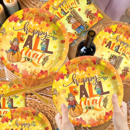 Miniatura 3 de Juego de 142 platos y servilletas de Acción de Gracias - Decoración de fiesta Happy Fall Y'all, vajilla desechable de espantapájaros, hojas de arce