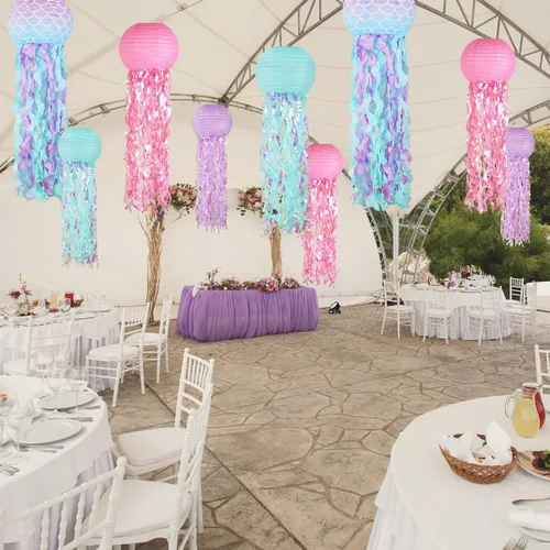 Miniatura 4 de Decoraciones de cumpleaños de sirena, linternas de papel de medusas rosadas lavanda azul, escamas de sirena colgantes en forma de linterna