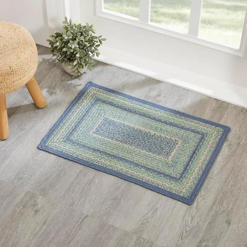 Miniatura 8 de VHC Brands Jolie Farmhouse - Alfombra decorativa de 19.5 x 36 pulgadas, textura azul de yute a rayas, medio círculo, decoración para el suelo