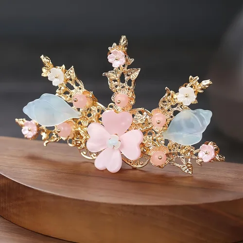 Miniatura 6 de Juego de 5 accesorios para el cabello chino Hanfu, palitos de pelo con borlas florales rosas, peine con aretes, horquillas de pelo vintage