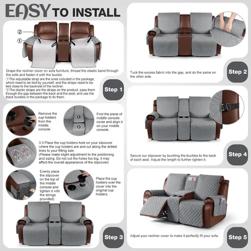 Miniatura 8 de KinCam Funda 100% impermeable para sofá biplaza reclinable con consola, fundas antideslizantes para sofá reclinable de 2 asientos, funda de sofá Gris